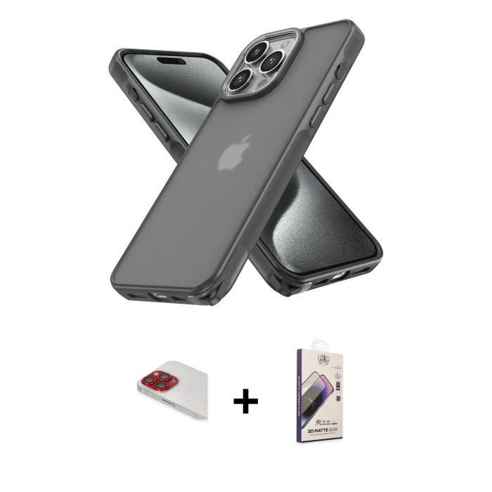 MARSİLYAN™- iPhone 13 Pro Max Kılıf Atlas Form - Siyah Bilvis 3D Mat Cam Ekran Koruyucu + Pers Alüminyum Kamera Lens - KI