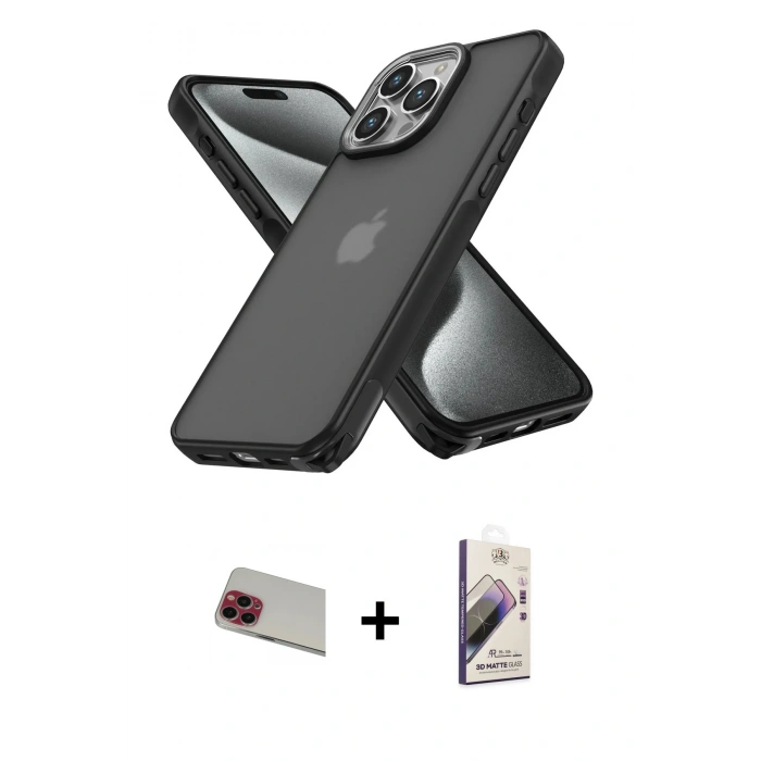 MARSİLYAN™- iPhone 13 Pro Max Kılıf Atlas Form - Siyah Bilvis 3D Mat Cam Ekran Koruyucu + Kırmızı Rainbow Kamera Lens Koruma Cam