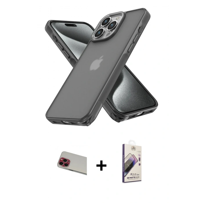MARSİLYAN™- iPhone 13 Pro Max Kılıf Atlas Form - Siyah Bilvis 3D Mat Cam Ekran Koruyucu + Kırmızı Rainbow Kamera Lens Koruma Cam