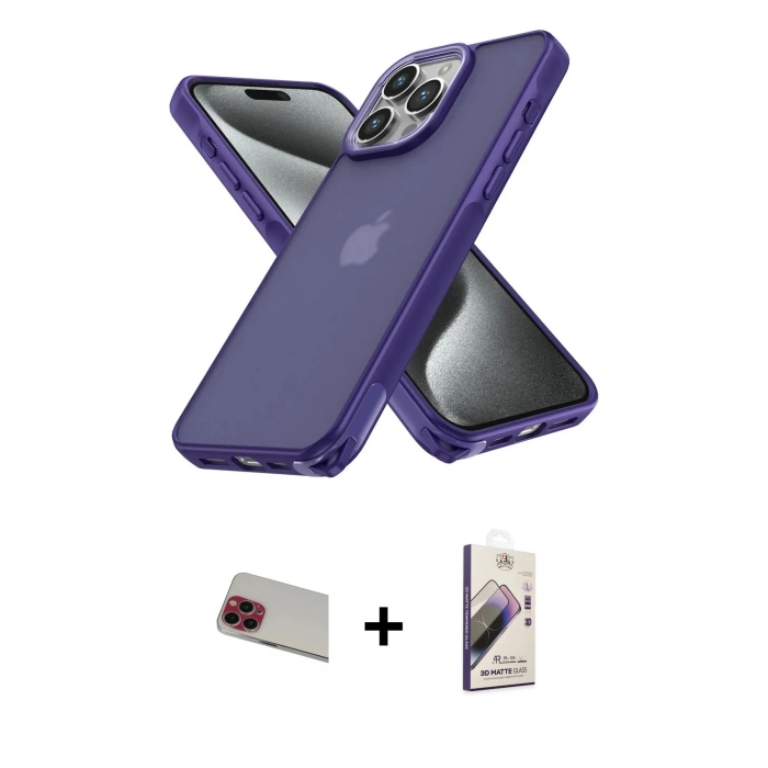 MARSİLYAN™- iPhone 13 Pro Max Kılıf Atlas Form - Siyah Bilvis 3D Mat Cam Ekran Koruyucu + Kırmızı Rainbow Kamera Lens Koruma Cam