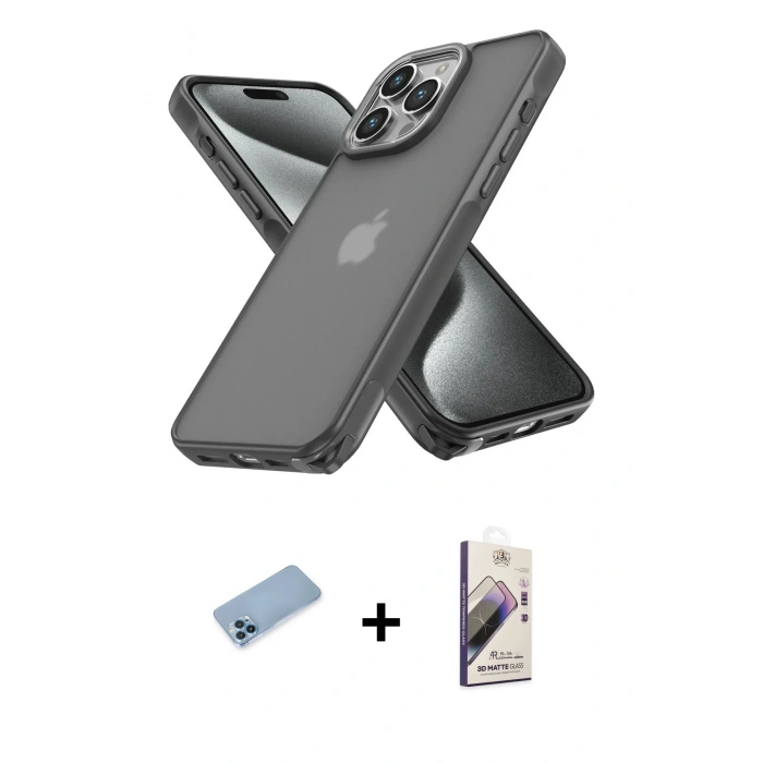 MARSİLYAN™- iPhone 13 Pro Max Kılıf Atlas Form - Siyah Bilvis 3D Mat Cam Ekran Koruyucu + Shine Kamera Lens Koruma Cam - MI