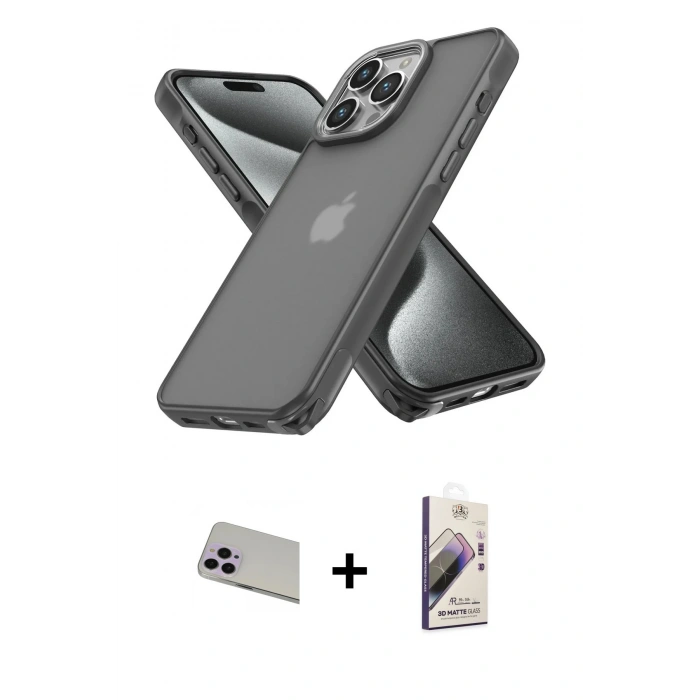 MARSİLYAN™- iPhone 13 Pro Max Kılıf Atlas Form - Siyah Bilvis 3D Mat Cam Ekran Koruyucu + Rainbow Kamera Lens Koruma Cam - MR