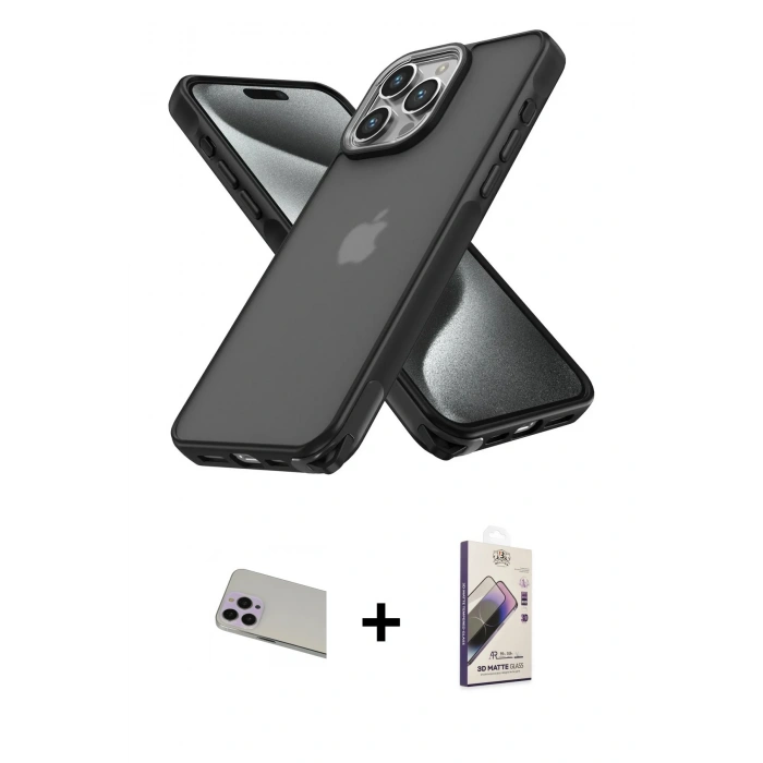MARSİLYAN™- iPhone 13 Pro Max Kılıf Atlas Form - Siyah Bilvis 3D Mat Cam Ekran Koruyucu + Rainbow Kamera Lens Koruma Cam - MR