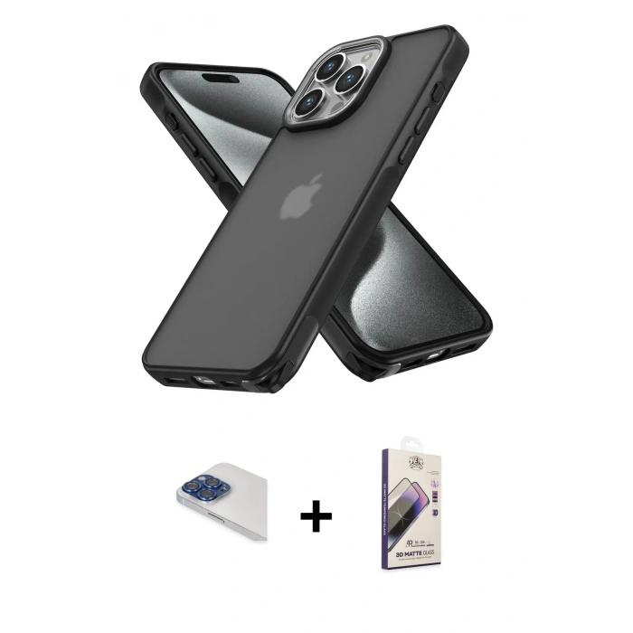 MARSİLYAN™- iPhone 13 Pro Max Kılıf Atlas Form - Siyah Bilvis 3D Mat Cam Ekran Koruyucu + Pers Alüminyum Kamera Lens - LT