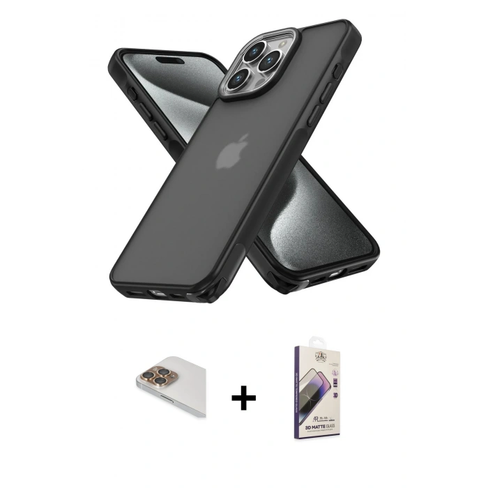 MARSİLYAN™- iPhone 13 Pro Max Kılıf Atlas Form - Siyah Bilvis 3D Mat Cam Ekran Koruyucu + Pers Alüminyum Kamera Lens - GD