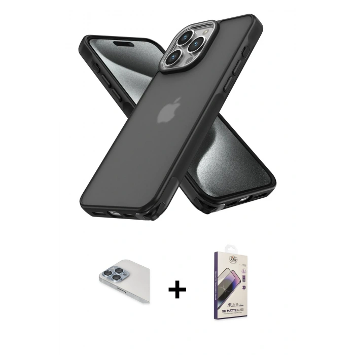 MARSİLYAN™- iPhone 13 Pro Max Kılıf Atlas Form - Siyah Bilvis 3D Mat Cam Ekran Koruyucu + Pers Alüminyum Kamera Lens - SABE