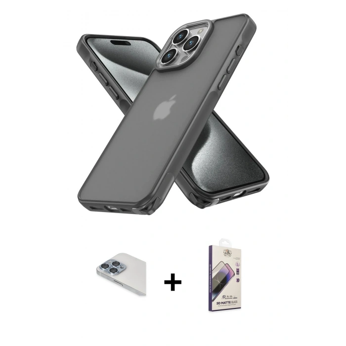 MARSİLYAN™- iPhone 13 Pro Max Kılıf Atlas Form - Siyah Bilvis 3D Mat Cam Ekran Koruyucu + Pers Alüminyum Kamera Lens - SABE