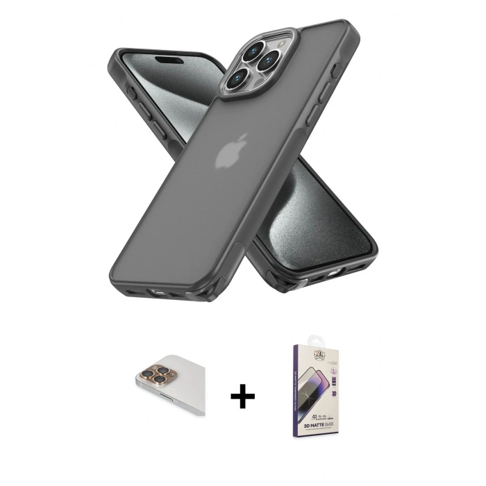 MARSİLYAN™- iPhone 13 Pro Max Kılıf Atlas Form - Siyah Bilvis 3D Mat Cam Ekran Koruyucu + Pers Alüminyum Kamera Lens - GD