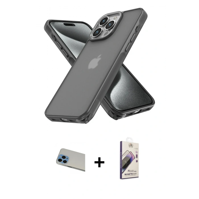 MARSİLYAN™- iPhone 13 Pro Max Kılıf Atlas Form - Siyah Bilvis 3D Mat Cam Ekran Koruyucu + Rainbow Kamera Lens Koruma Cam - MI