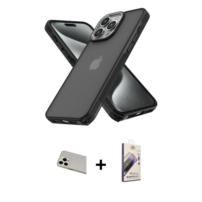 MARSİLYAN™- iPhone 13 Pro Max Kılıf Atlas Form - Siyah Bilvis 3D Mat Cam Ekran Koruyucu + Rainbow Kamera Lens Koruma Cam - BZ