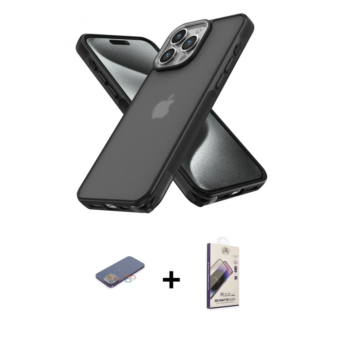 MARSİLYAN™- iPhone 13 Pro Max Kılıf Atlas Form - Siyah Bilvis 3D Mat Cam Ekran Koruyucu + Renkli Kamera Lens Koruma Cam - PE