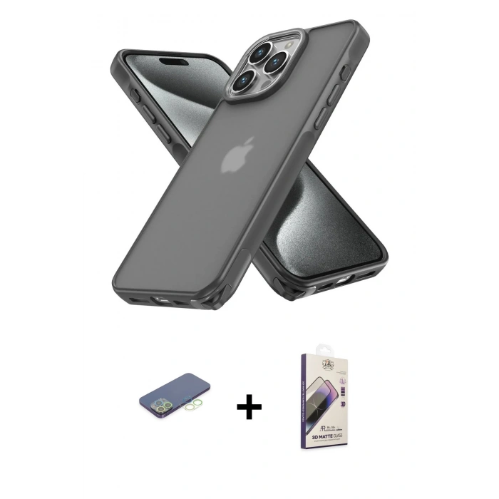 MARSİLYAN™- iPhone 13 Pro Max Kılıf Atlas Form - Siyah Bilvis 3D Mat Cam Ekran Koruyucu + Renkli Kamera Lens Koruma Cam - YL