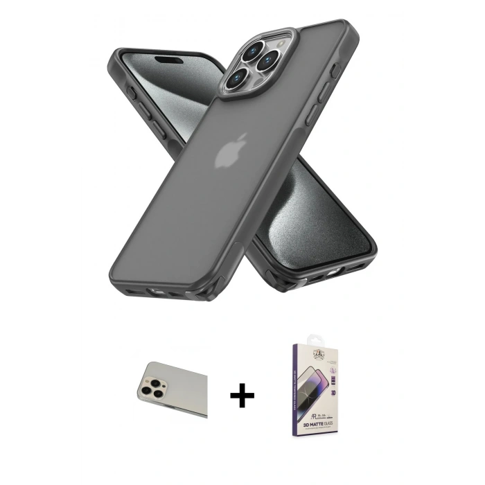MARSİLYAN™- iPhone 13 Pro Max Kılıf Atlas Form - Siyah Bilvis 3D Mat Cam Ekran Koruyucu + Rainbow Kamera Lens Koruma Cam - REGD