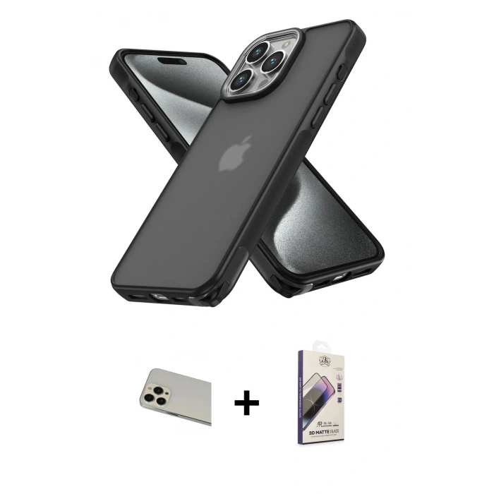 MARSİLYAN™- iPhone 13 Pro Max Kılıf Atlas Form - Siyah Bilvis 3D Mat Cam Ekran Koruyucu + Rainbow Kamera Lens Koruma Cam - REGD