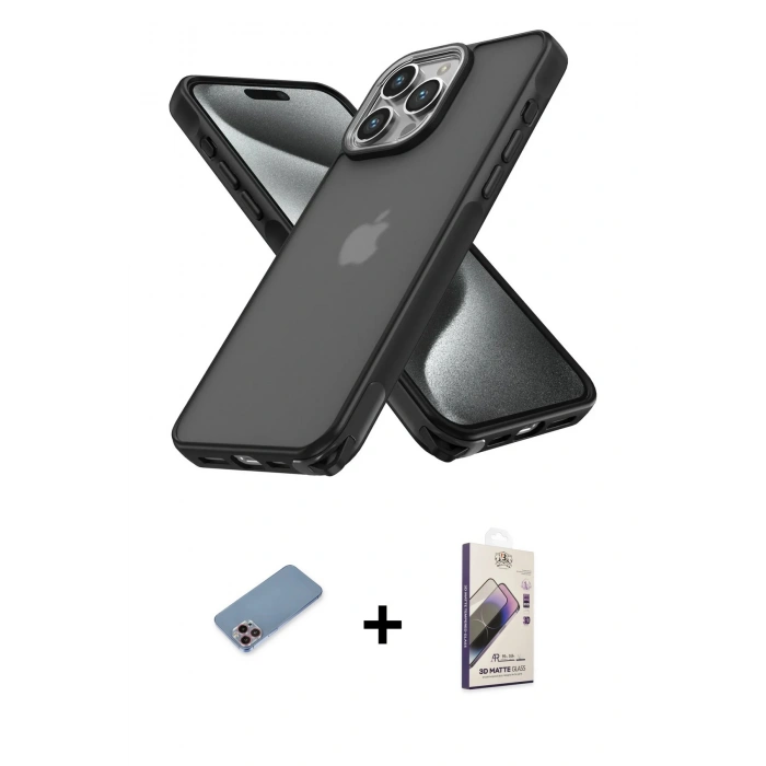 MARSİLYAN™- iPhone 13 Pro Max Kılıf Atlas Form - Siyah Bilvis 3D Mat Cam Ekran Koruyucu + Shine Kamera Lens Koruma Cam - PE