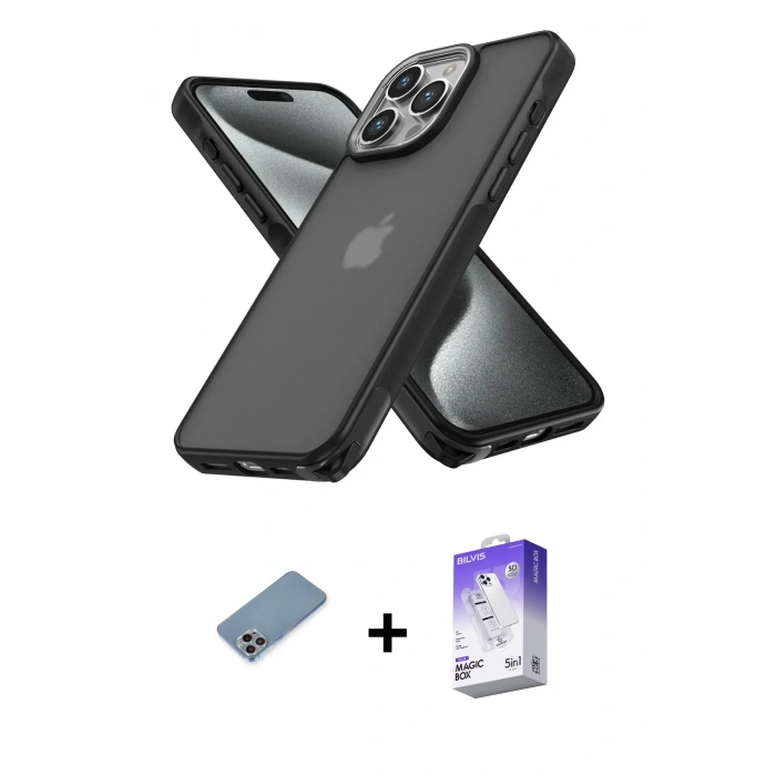 MARSİLYAN™- iPhone 13 Pro Max Kılıf Atlas Form - Siyah Bilvis 5in1 3D Magic Cam Ekran Koruyucu + Shine Kamera Lens Koruma Cam - GI