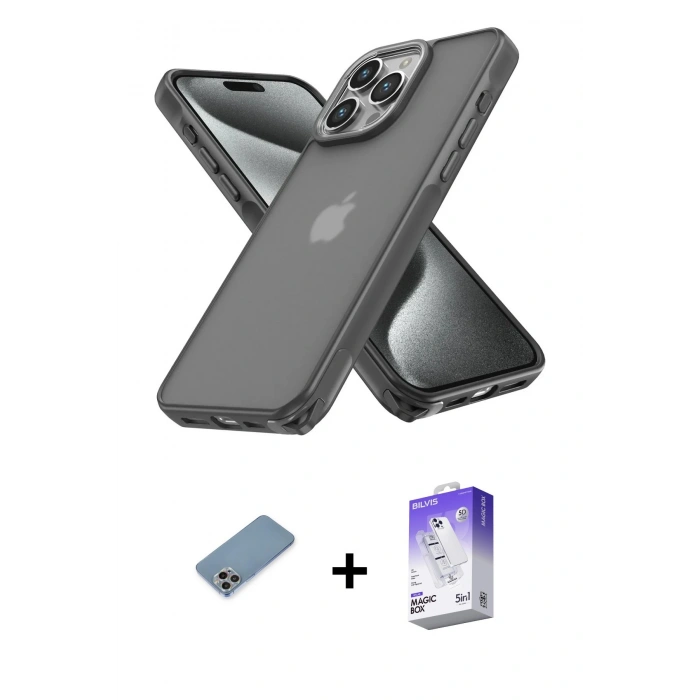 MARSİLYAN™- iPhone 13 Pro Max Kılıf Atlas Form - Siyah Bilvis 5in1 3D Magic Cam Ekran Koruyucu + Shine Kamera Lens Koruma Cam - GI