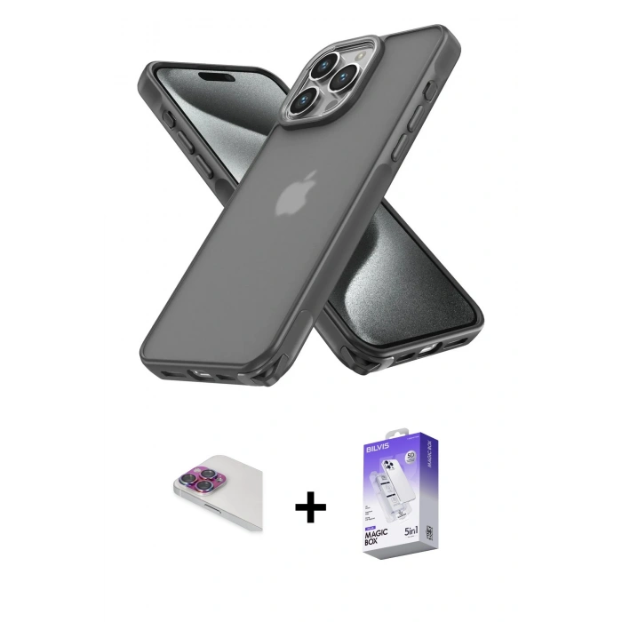 MARSİLYAN™- iPhone 13 Pro Max Kılıf Atlas Form - Siyah Bilvis 5in1 3D Magic Cam Ekran Koruyucu + Gökkuşağı Pers Alüminyum Kamera Lens
