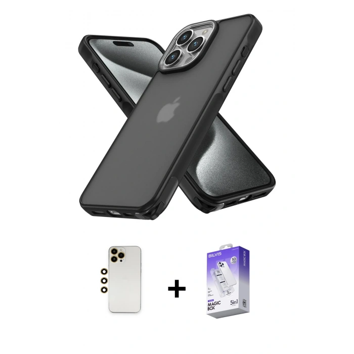 MARSİLYAN™- iPhone 13 Pro Max Kılıf Atlas Form - Siyah Bilvis 5in1 3D Magic Cam Ekran Koruyucu + Shine Kamera Lens - GD