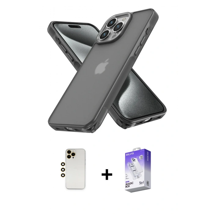 MARSİLYAN™- iPhone 13 Pro Max Kılıf Atlas Form - Siyah Bilvis 5in1 3D Magic Cam Ekran Koruyucu + Shine Kamera Lens - GD