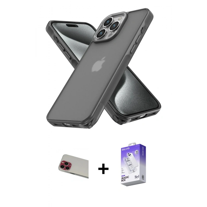 MARSİLYAN™- iPhone 13 Pro Max Kılıf Atlas Form - Siyah Bilvis 5in1 3D Magic Cam Ekran Koruyucu + Rainbow Kamera Lens Koruma Cam - KI