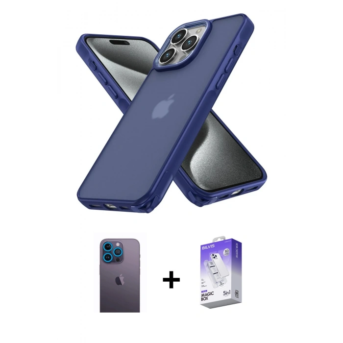 MARSİLYAN™- iPhone 13 Pro Max Kılıf Atlas Form - Siyah Bilvis 5in1 3D Magic Cam Ekran Koruyucu + Mavi Neon Fosforlu Kamera Lens