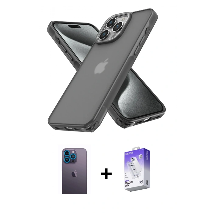 MARSİLYAN™- iPhone 13 Pro Max Kılıf Atlas Form - Siyah Bilvis 5in1 3D Magic Cam Ekran Koruyucu + Mavi Neon Fosforlu Kamera Lens
