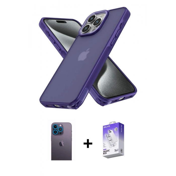 MARSİLYAN™- iPhone 13 Pro Max Kılıf Atlas Form - Siyah Bilvis 5in1 3D Magic Cam Ekran Koruyucu + Mavi Neon Fosforlu Kamera Lens