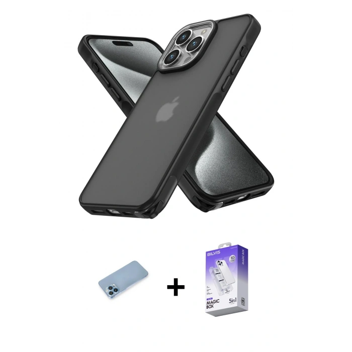 MARSİLYAN™- iPhone 13 Pro Max Kılıf Atlas Form - Siyah Bilvis 5in1 3D Magic Cam Ekran Koruyucu + Shine Kamera Lens Koruma Cam - MI