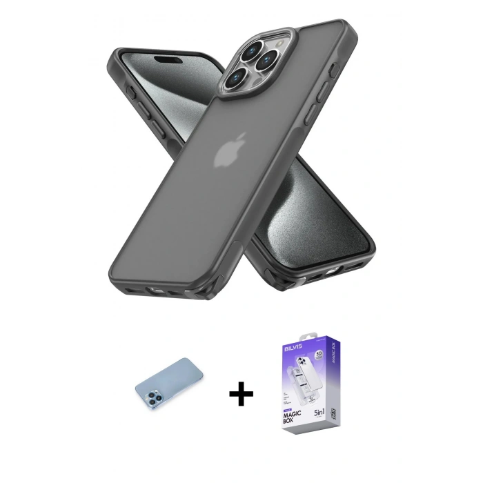 MARSİLYAN™- iPhone 13 Pro Max Kılıf Atlas Form - Siyah Bilvis 5in1 3D Magic Cam Ekran Koruyucu + Shine Kamera Lens Koruma Cam - MI