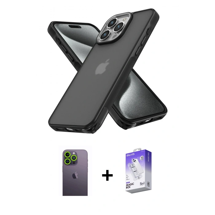 MARSİLYAN™- iPhone 13 Pro Max Kılıf Atlas Form - Siyah Bilvis 5in1 3D Magic Cam Ekran Koruyucu + Neon Fosforlu Kamera Lens - YL