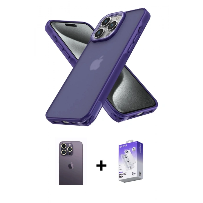 MARSİLYAN™- iPhone 13 Pro Max Kılıf Atlas Form - Siyah Bilvis 5in1 3D Magic Cam Ekran Koruyucu + Neon Fosforlu Kamera Lens - BZ