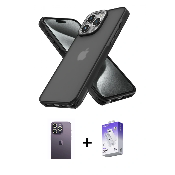 MARSİLYAN™- iPhone 13 Pro Max Kılıf Atlas Form - Siyah Bilvis 5in1 3D Magic Cam Ekran Koruyucu + Neon Fosforlu Kamera Lens - BZ