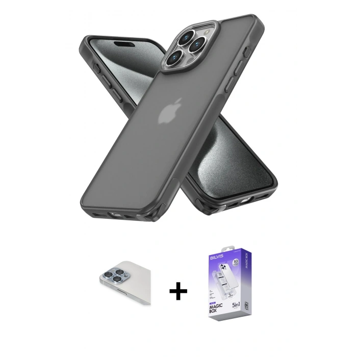 MARSİLYAN™- iPhone 13 Pro Max Kılıf Atlas Form - Siyah Bilvis 5in1 3D Magic Cam Ekran Koruyucu + Pers Alüminyum Kamera Lens - SABE