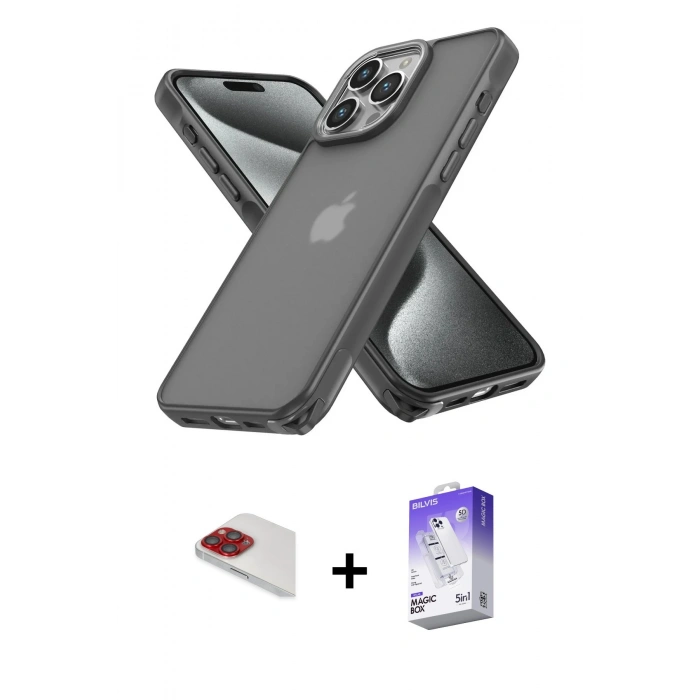MARSİLYAN™- iPhone 13 Pro Max Kılıf Atlas Form - Siyah Bilvis 5in1 3D Magic Cam Ekran Koruyucu + Pers Alüminyum Kamera Lens - KI