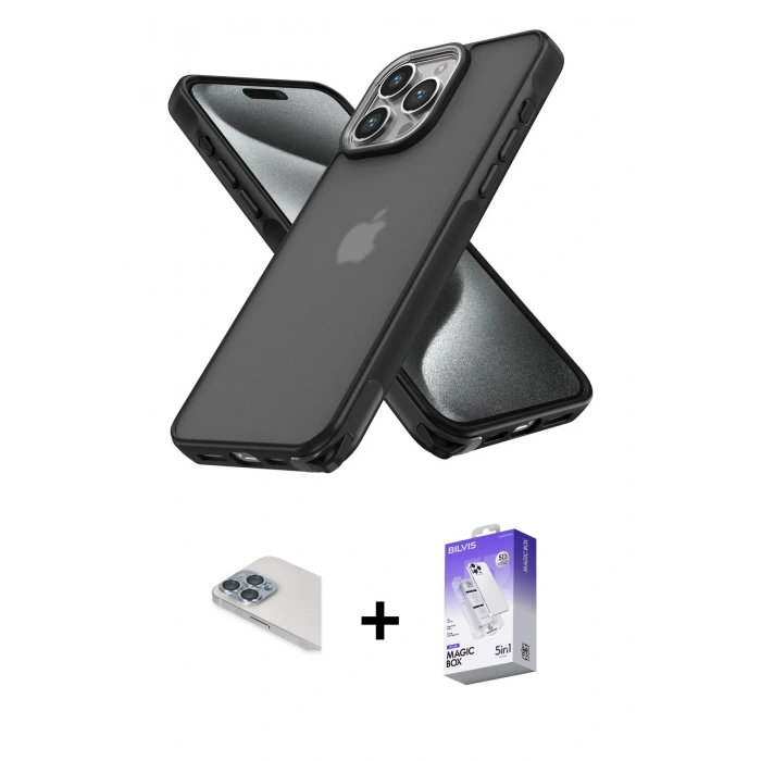 MARSİLYAN™- iPhone 13 Pro Max Kılıf Atlas Form - Siyah Bilvis 5in1 3D Magic Cam Ekran Koruyucu + Pers Alüminyum Kamera Lens - SABE