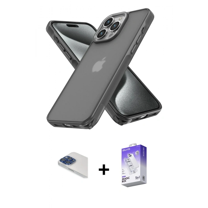 MARSİLYAN™- iPhone 13 Pro Max Kılıf Atlas Form - Siyah Bilvis 5in1 3D Magic Cam Ekran Koruyucu + Pers Alüminyum Kamera Lens - LT