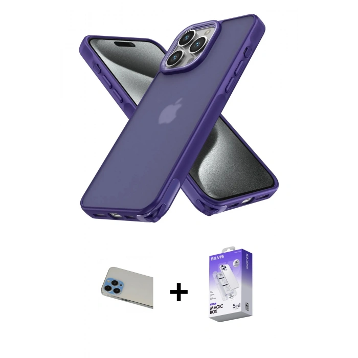 MARSİLYAN™- iPhone 13 Pro Max Kılıf Atlas Form - Siyah Bilvis 5in1 3D Magic Cam Ekran Koruyucu + Rainbow Kamera Lens Koruma Cam - MI