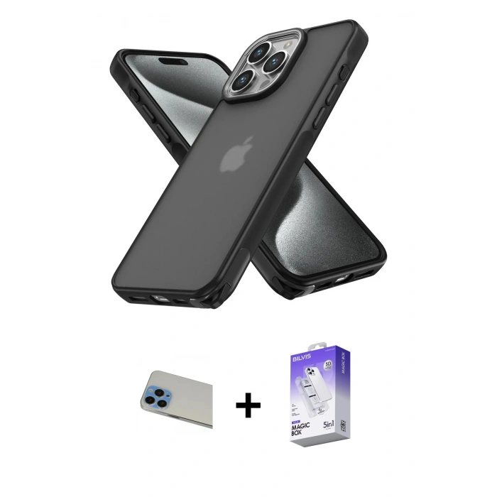 MARSİLYAN™- iPhone 13 Pro Max Kılıf Atlas Form - Siyah Bilvis 5in1 3D Magic Cam Ekran Koruyucu + Rainbow Kamera Lens Koruma Cam - MI