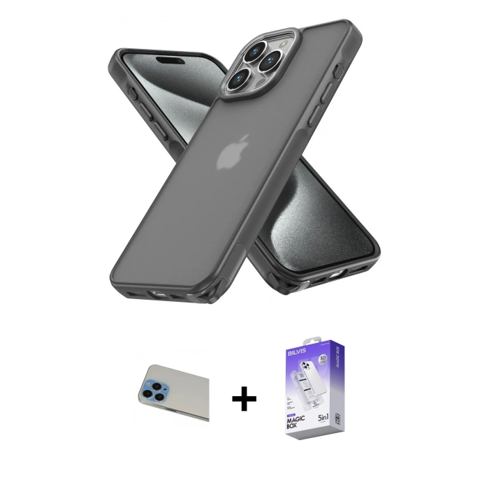 MARSİLYAN™- iPhone 13 Pro Max Kılıf Atlas Form - Siyah Bilvis 5in1 3D Magic Cam Ekran Koruyucu + Rainbow Kamera Lens Koruma Cam - MI