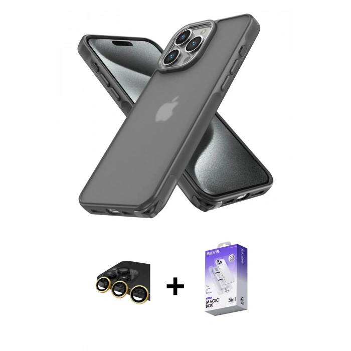 MARSİLYAN™- iPhone 13 Pro Max Kılıf Atlas Form - Siyah Bilvis 5in1 3D Magic Cam Ekran Koruyucu + Raze Metal Kamera Lens - GD
