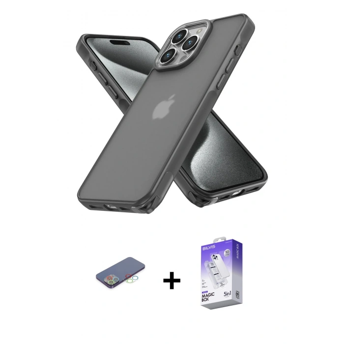 MARSİLYAN™- iPhone 13 Pro Max Kılıf Atlas Form - Siyah Bilvis 5in1 3D Magic Cam Ekran Koruyucu + Renkli Kamera Lens Koruma Cam - MI