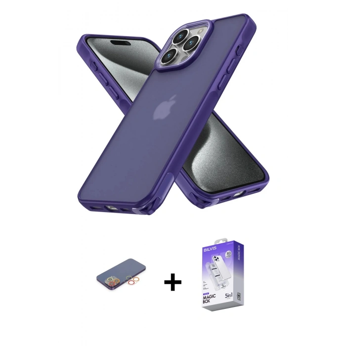 MARSİLYAN™- iPhone 13 Pro Max Kılıf Atlas Form - Siyah Bilvis 5in1 3D Magic Cam Ekran Koruyucu + Renkli Kamera Lens Koruma Cam - TU