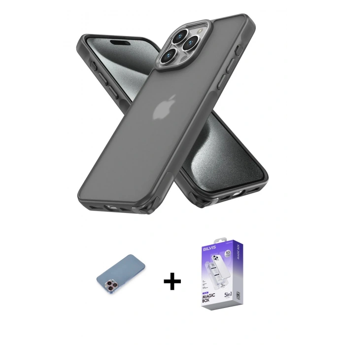 MARSİLYAN™- iPhone 13 Pro Max Kılıf Atlas Form - Siyah Bilvis 5in1 3D Magic Cam Ekran Koruyucu + Shine Kamera Lens Koruma Cam - PE