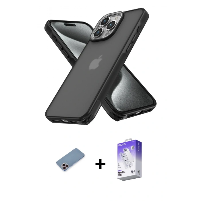MARSİLYAN™- iPhone 13 Pro Max Kılıf Atlas Form - Siyah Bilvis 5in1 3D Magic Cam Ekran Koruyucu + Shine Kamera Lens Koruma Cam - PE