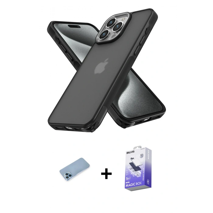 MARSİLYAN™- iPhone 13 Pro Max Kılıf Atlas Form - Siyah Bilvis 5in1 5D Magic Hayalet Cam Ekran Koruyucu + Shine Kamera Lens Koruma Cam - MI