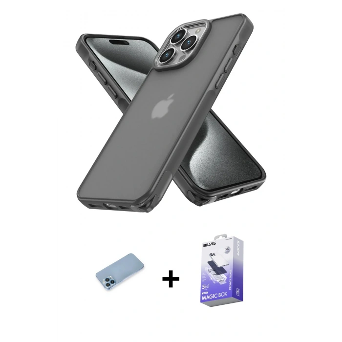 MARSİLYAN™- iPhone 13 Pro Max Kılıf Atlas Form - Siyah Bilvis 5in1 5D Magic Hayalet Cam Ekran Koruyucu + Shine Kamera Lens Koruma Cam - MI