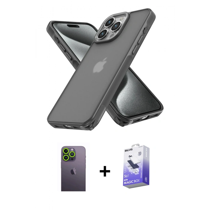 MARSİLYAN™- iPhone 13 Pro Max Kılıf Atlas Form - Siyah Bilvis 5in1 5D Magic Hayalet Cam Ekran Koruyucu + Neon Fosforlu Kamera Lens - YL