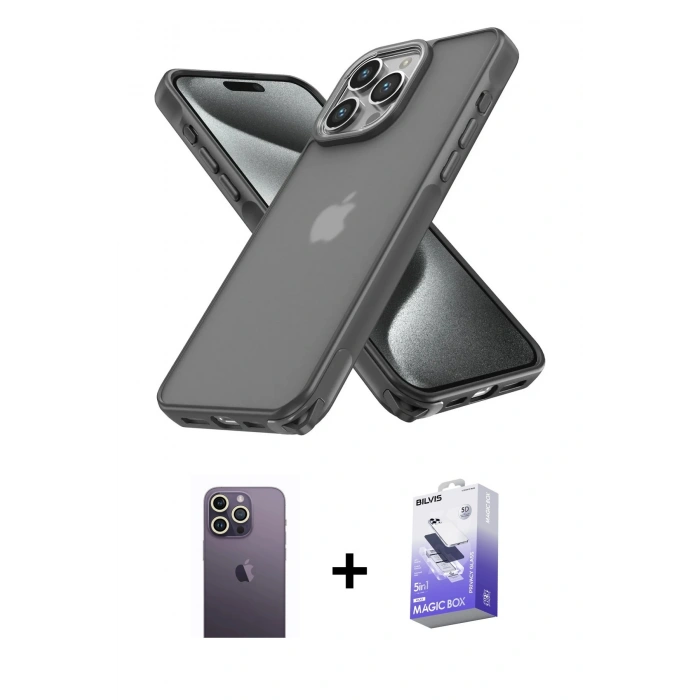 MARSİLYAN™- iPhone 13 Pro Max Kılıf Atlas Form - Siyah Bilvis 5in1 5D Magic Hayalet Cam Ekran Koruyucu + Neon Fosforlu Kamera Lens - BZ