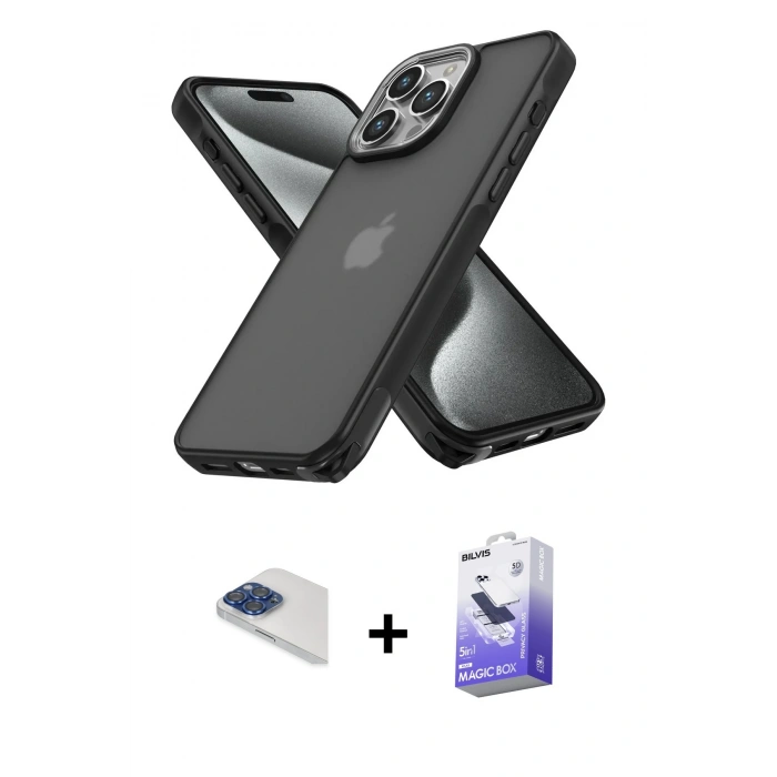 MARSİLYAN™- iPhone 13 Pro Max Kılıf Atlas Form - Siyah Bilvis 5in1 5D Magic Hayalet Cam Ekran Koruyucu + Pers Alüminyum Kamera Lens - LT